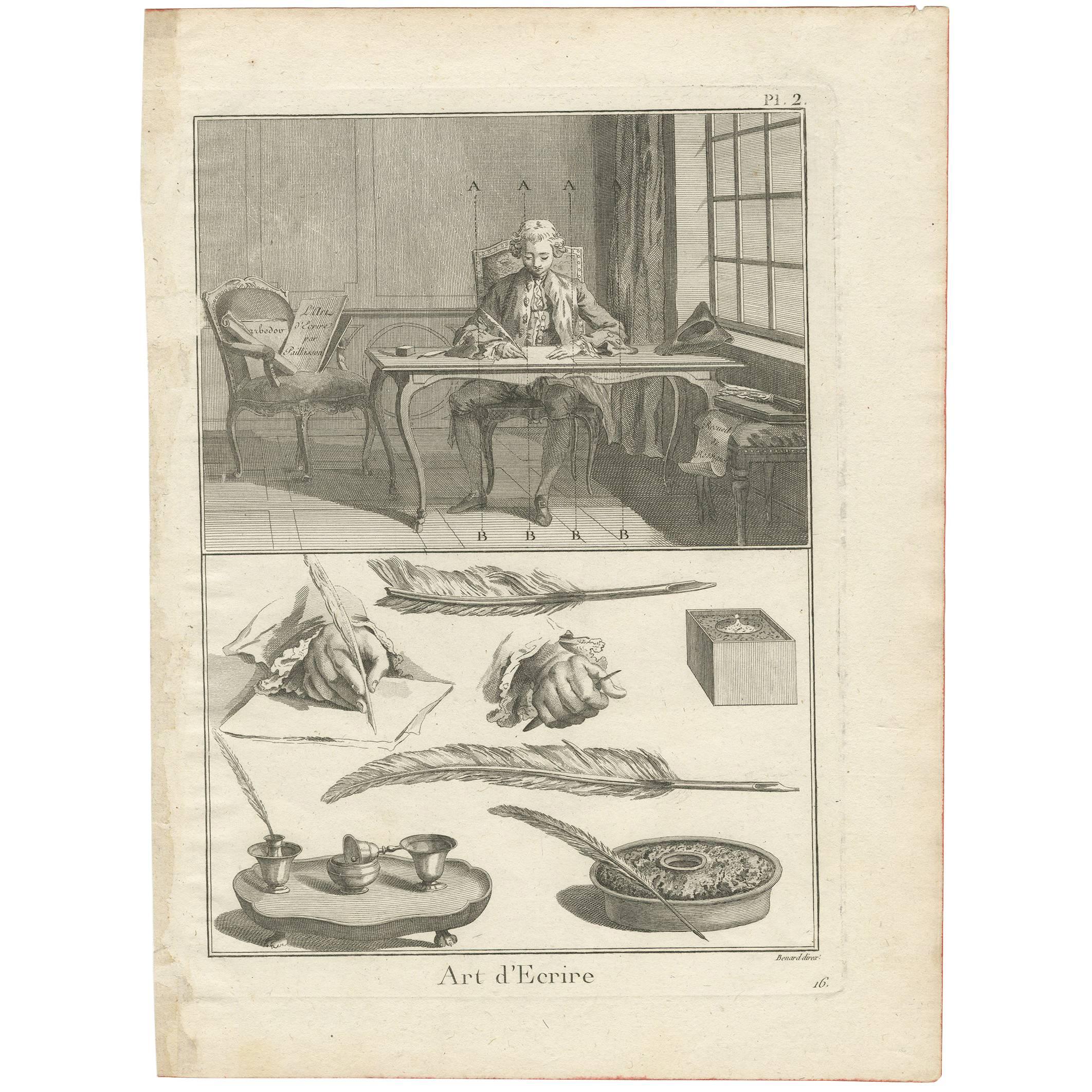 Antique Print Illustrating the Art of Handwriting 'Pl. 2', D. Diderot circa 1765