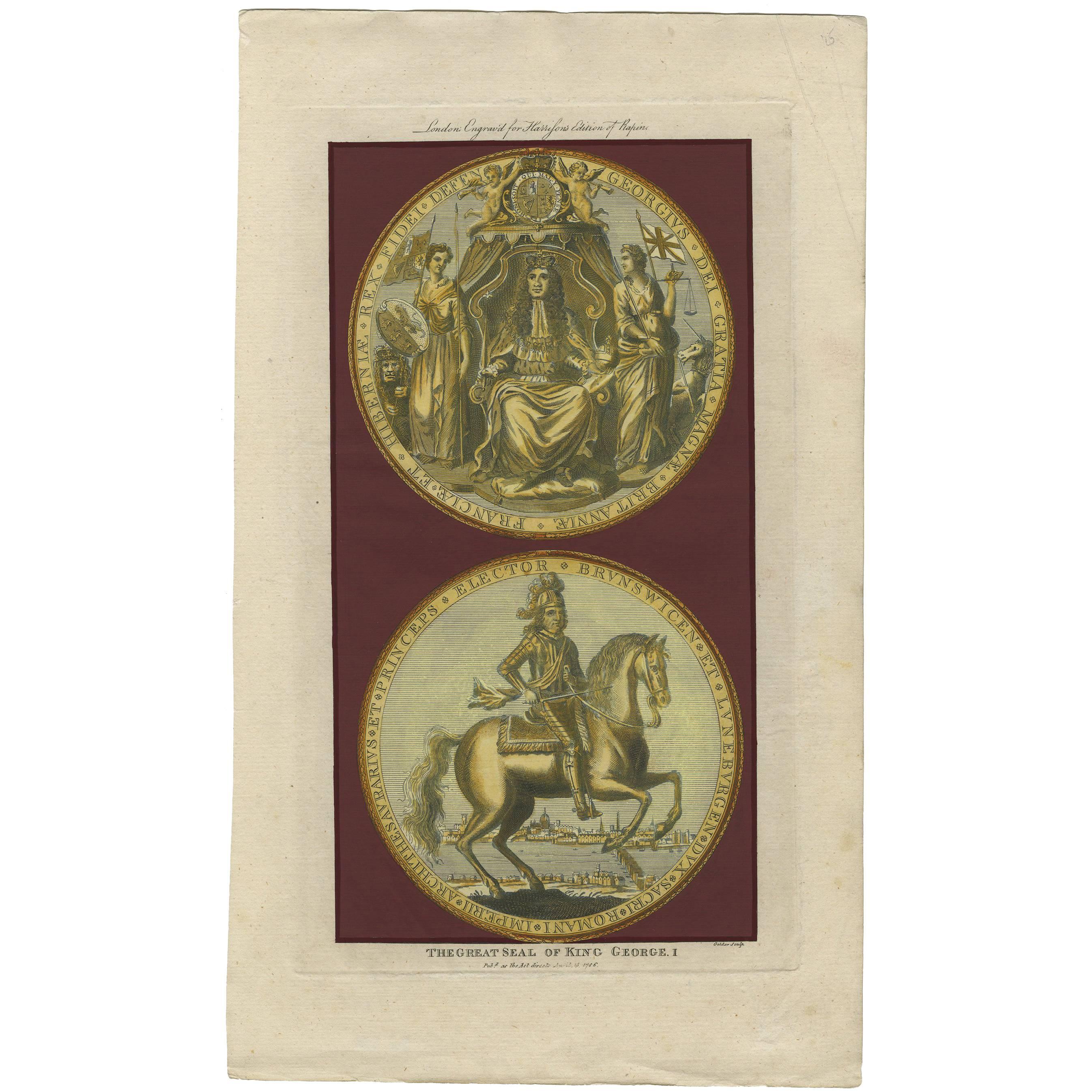Impression ancienne du Grand Sceau du Roi George Ier par Harrison (1789)