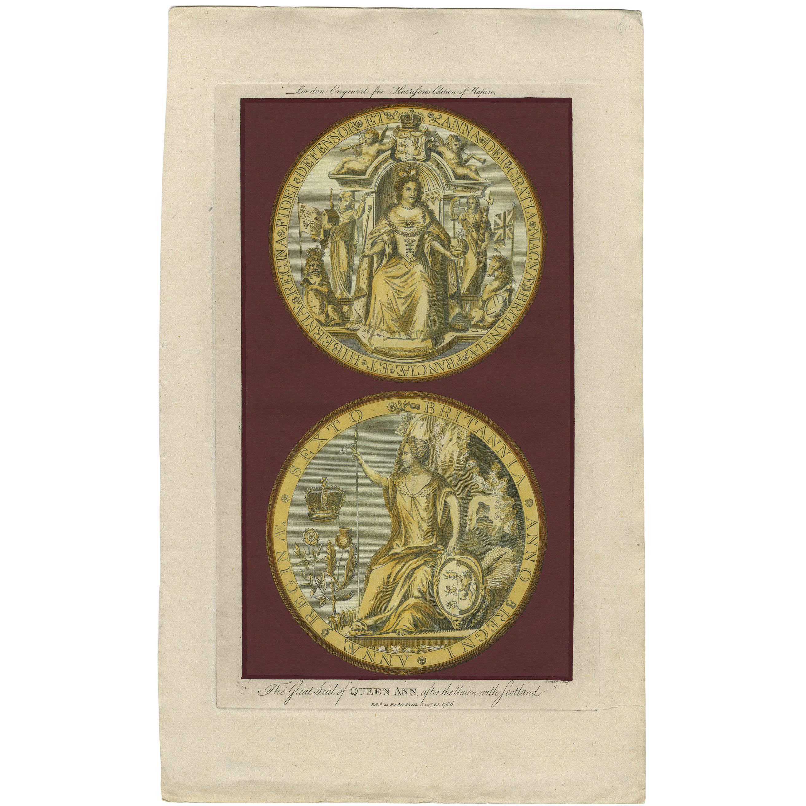 Impression ancienne du Grand Sceau de la Reine Anne par Harrison (1789) en vente
