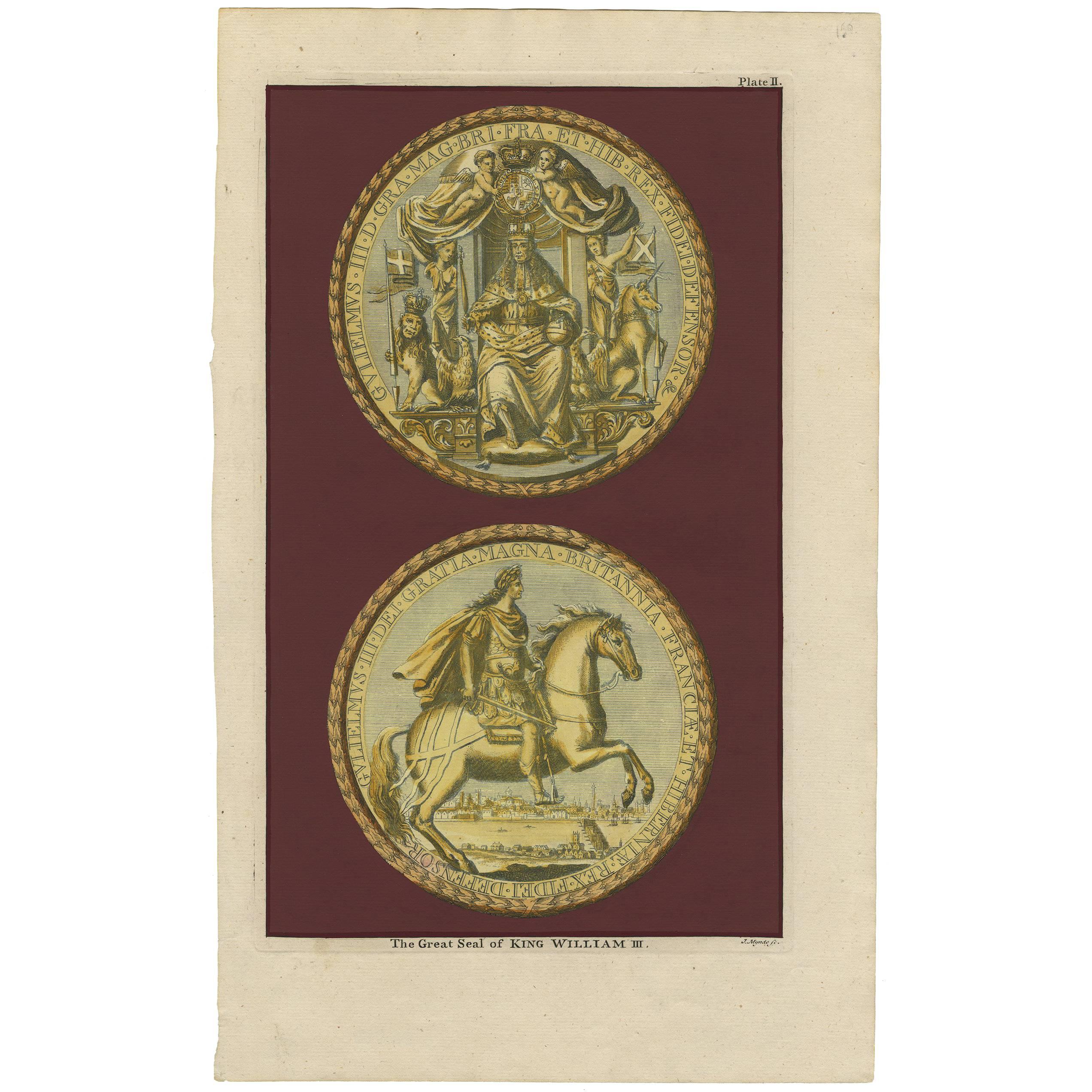 Antique Print of the Seal of King William III by Rapin de Thoyras (c.1780) For Sale