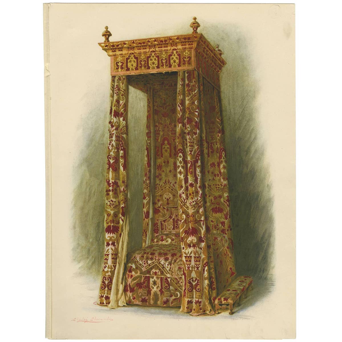 Antique Print of English Furniture 'Upholstered Bed' by P. Macquoid, 1906
