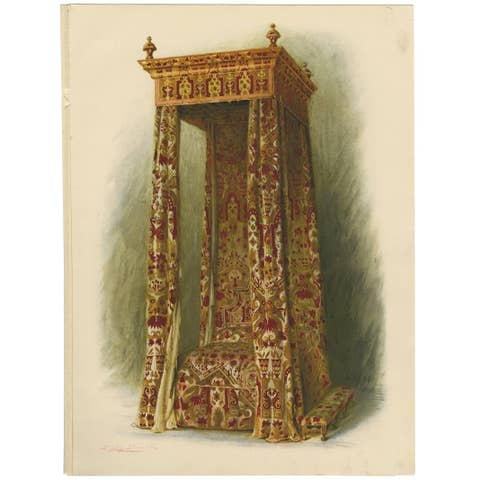 Antique Print of English Furniture 'Upholstered Bed' by P. Macquoid, 1906