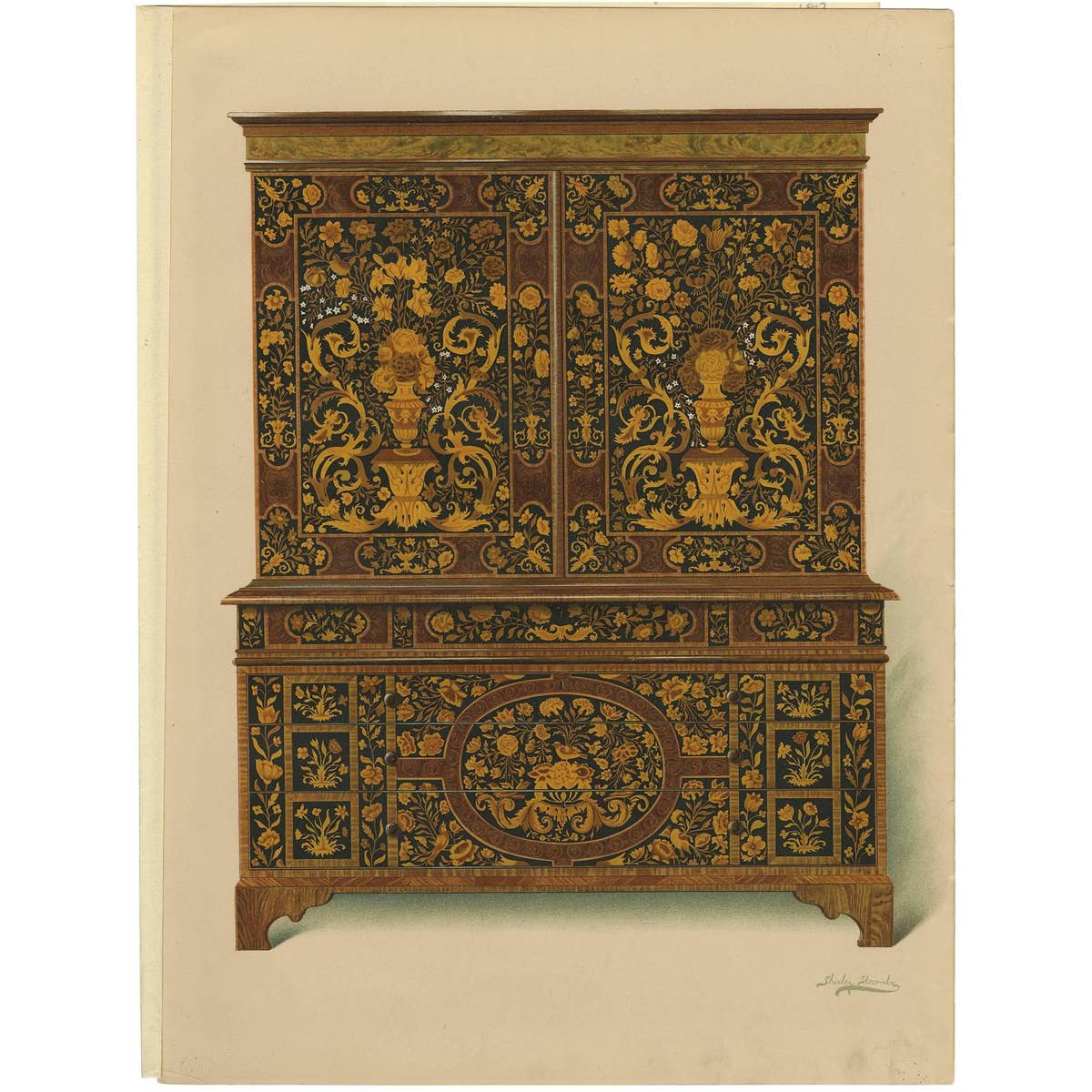 Antique Print of English Furniture 'Cabinet Press' by P. Macquoid, 1906