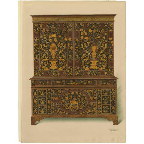 Antique Print of English Furniture 'Cabinet Press' by P. Macquoid, 1906