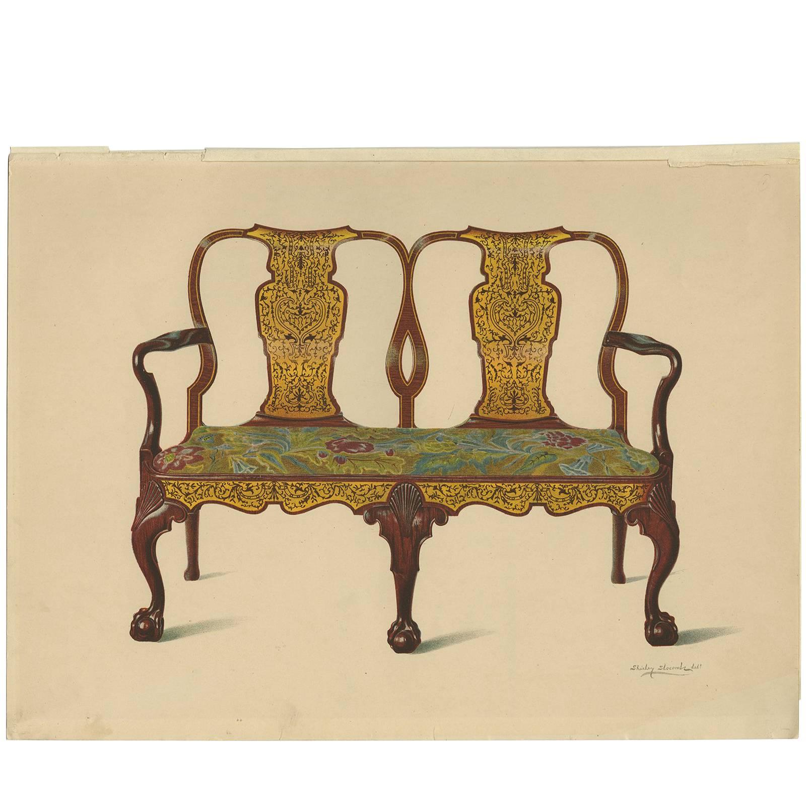 Antique Print English Furniture 'Walnut Settee' by P. Macquoid, 1906 For Sale