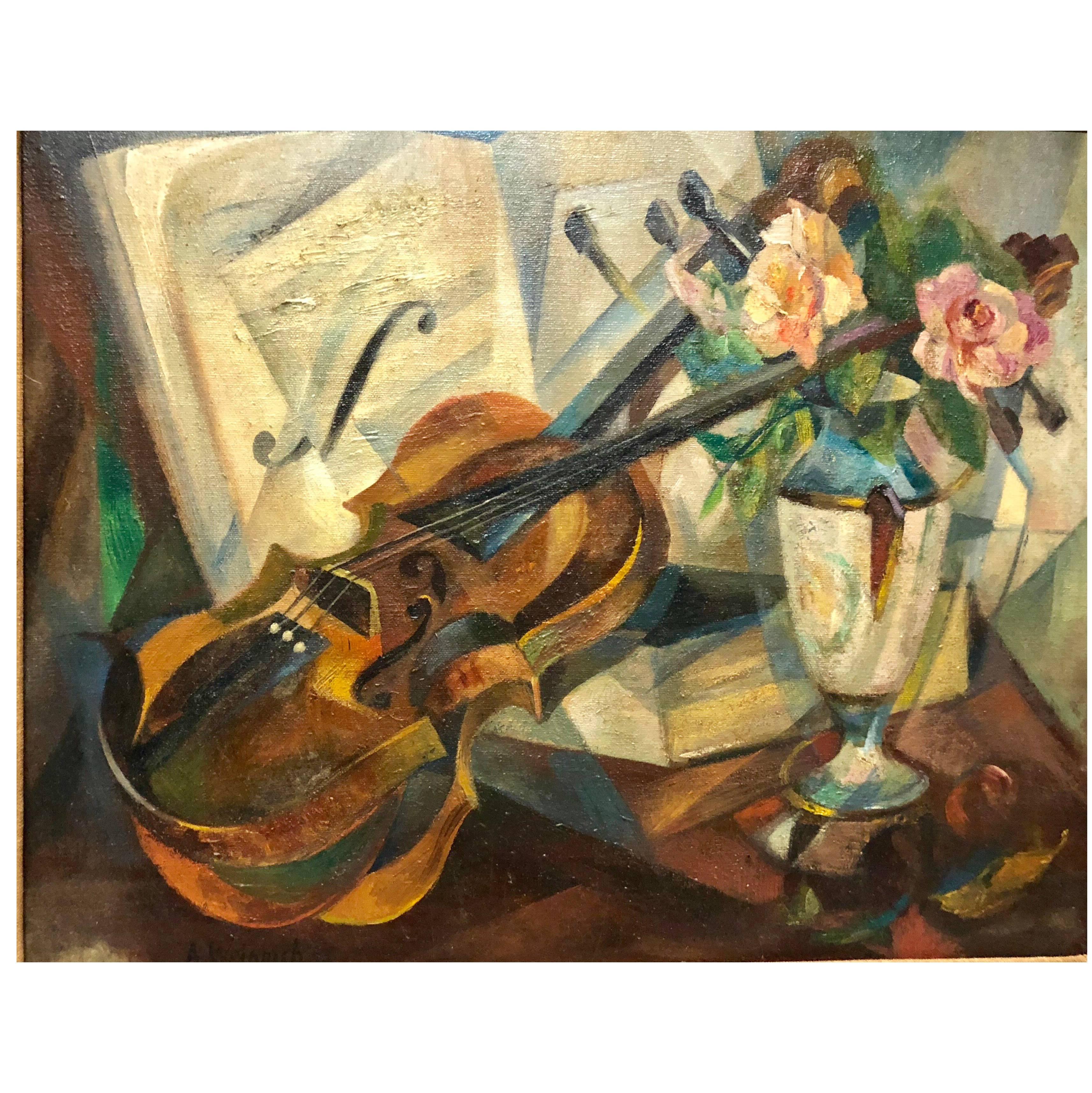 Still life painting (Violin, Flowers), Oil on canvas, by Agnes Weinrich, Signed and dated 