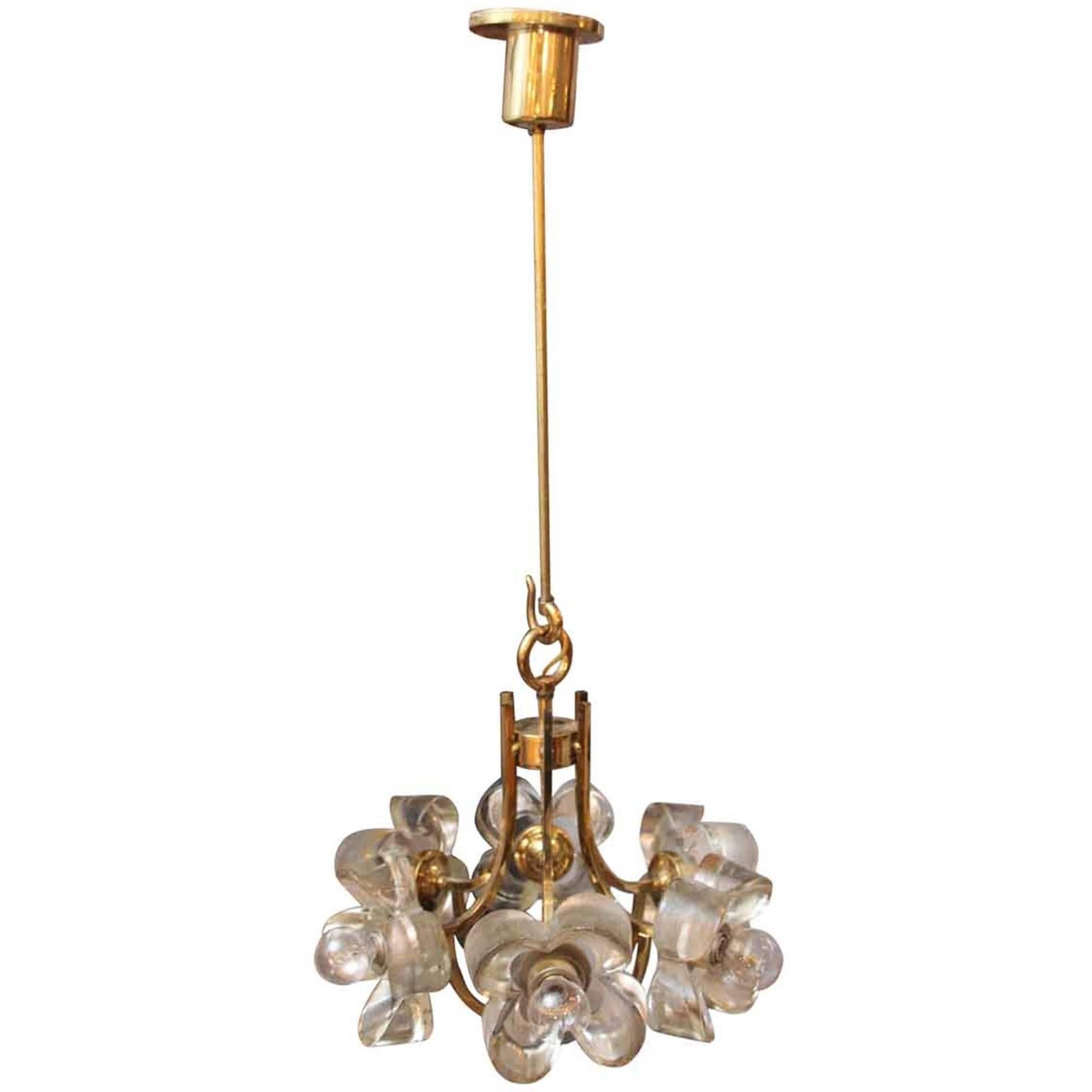 1990s Mid-Century Modern Floral Glass and Brass Pendant Light with Six Lights