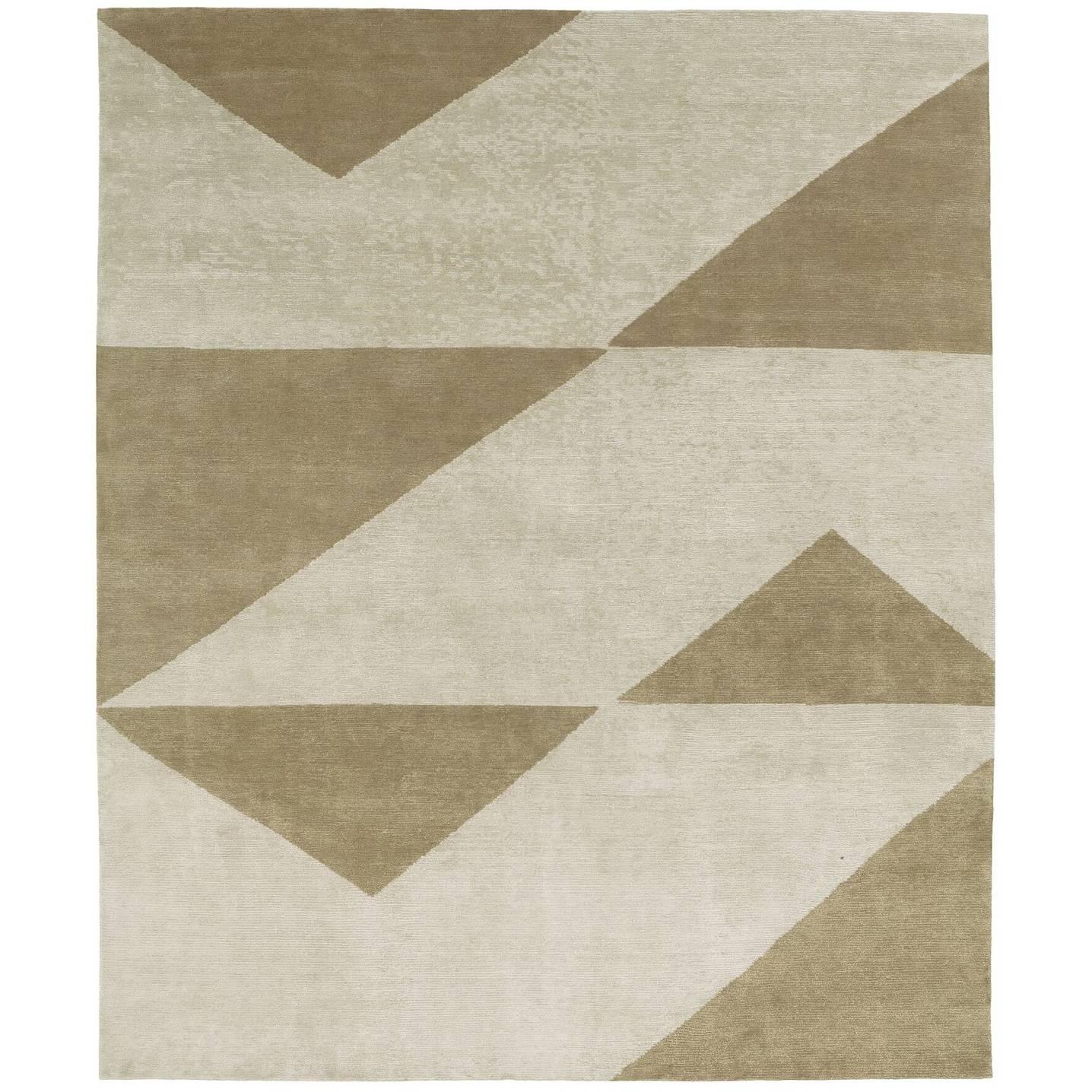 Contemporary Tibetan Rug Hand-Knotted in Nepal, Light Grey - Brass For Sale