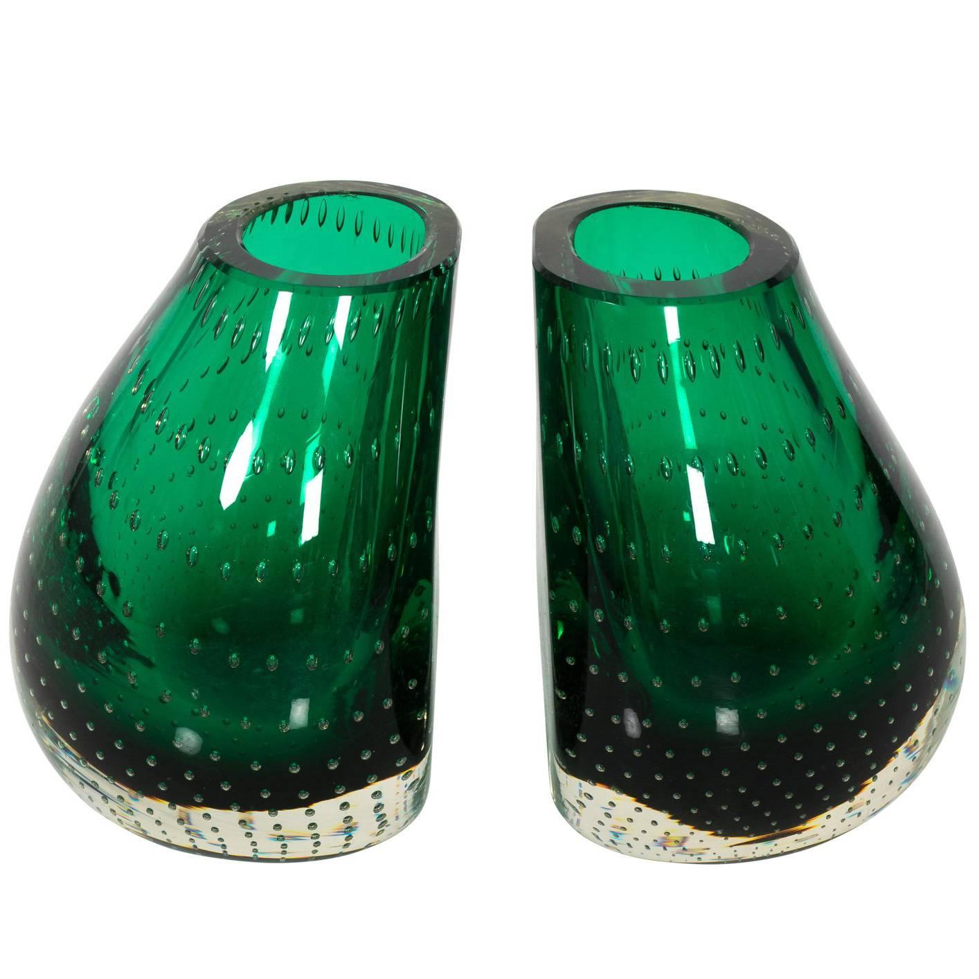 Green Glass Bookends by Erickson For Sale