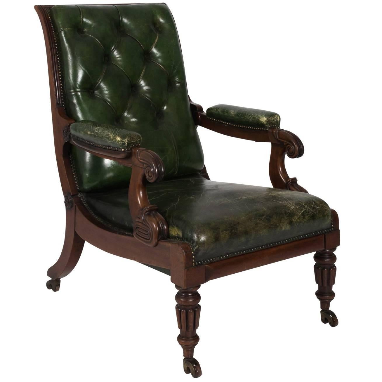 William IV Style Green Leather Chair, circa 1840