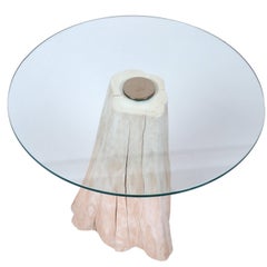 Round Mid-Century Modern Cypress Tree Stump Glass Side Table