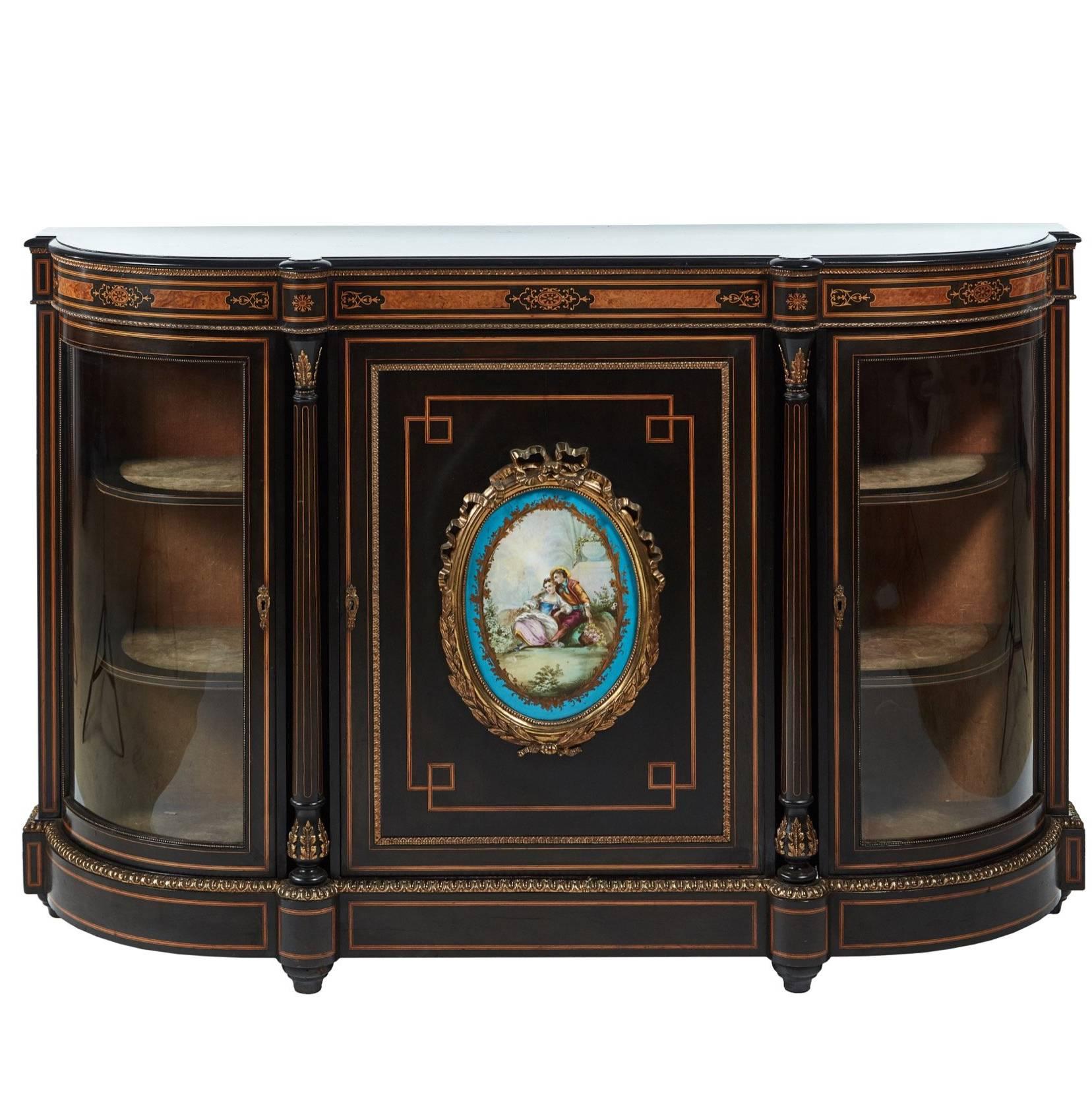 Fine French Ebonised and Amboyna Credenza with Large Sevres Style Plaque For Sale