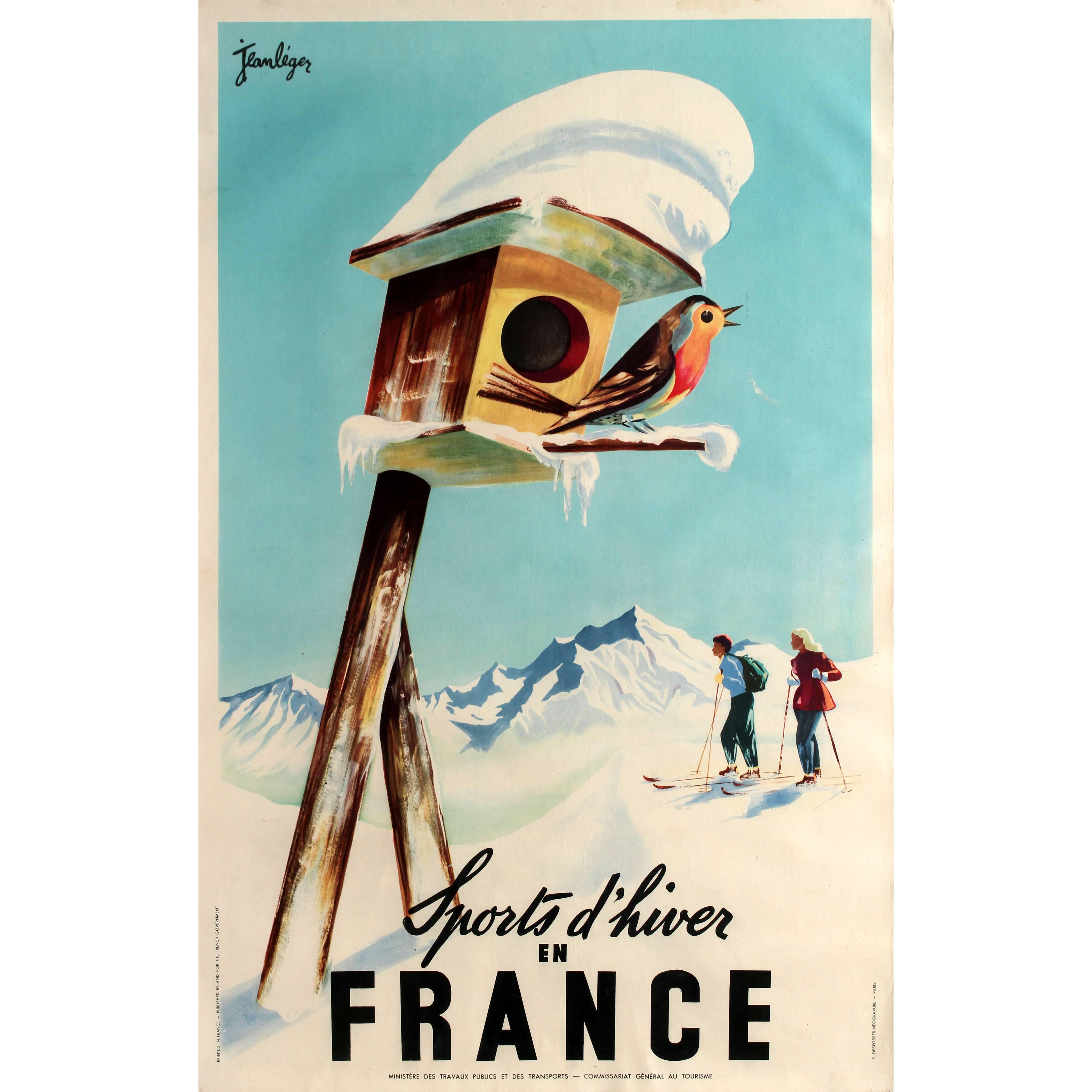 Original Vintage Winter Sports Skiing Poster by Leger - Sports d'Hiver En France