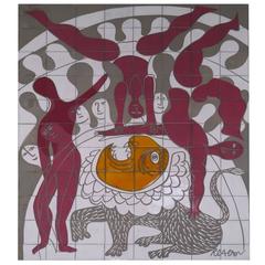 Roger Capron Wall Ceramic Panel "the Lion, " Vallauris, 1986