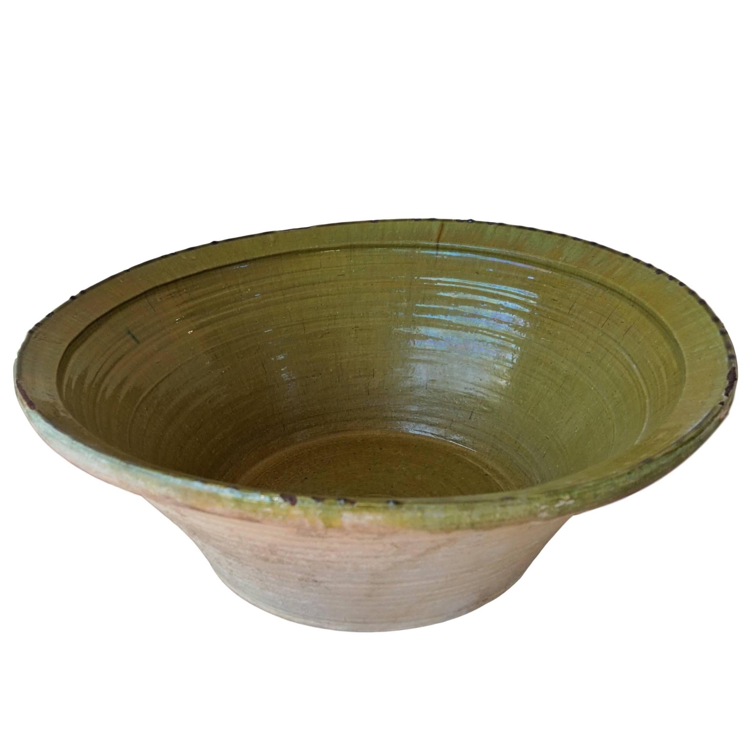 19th Century Spanish Hand Thrown and Glazed Green Stoneware Pottery Bowl