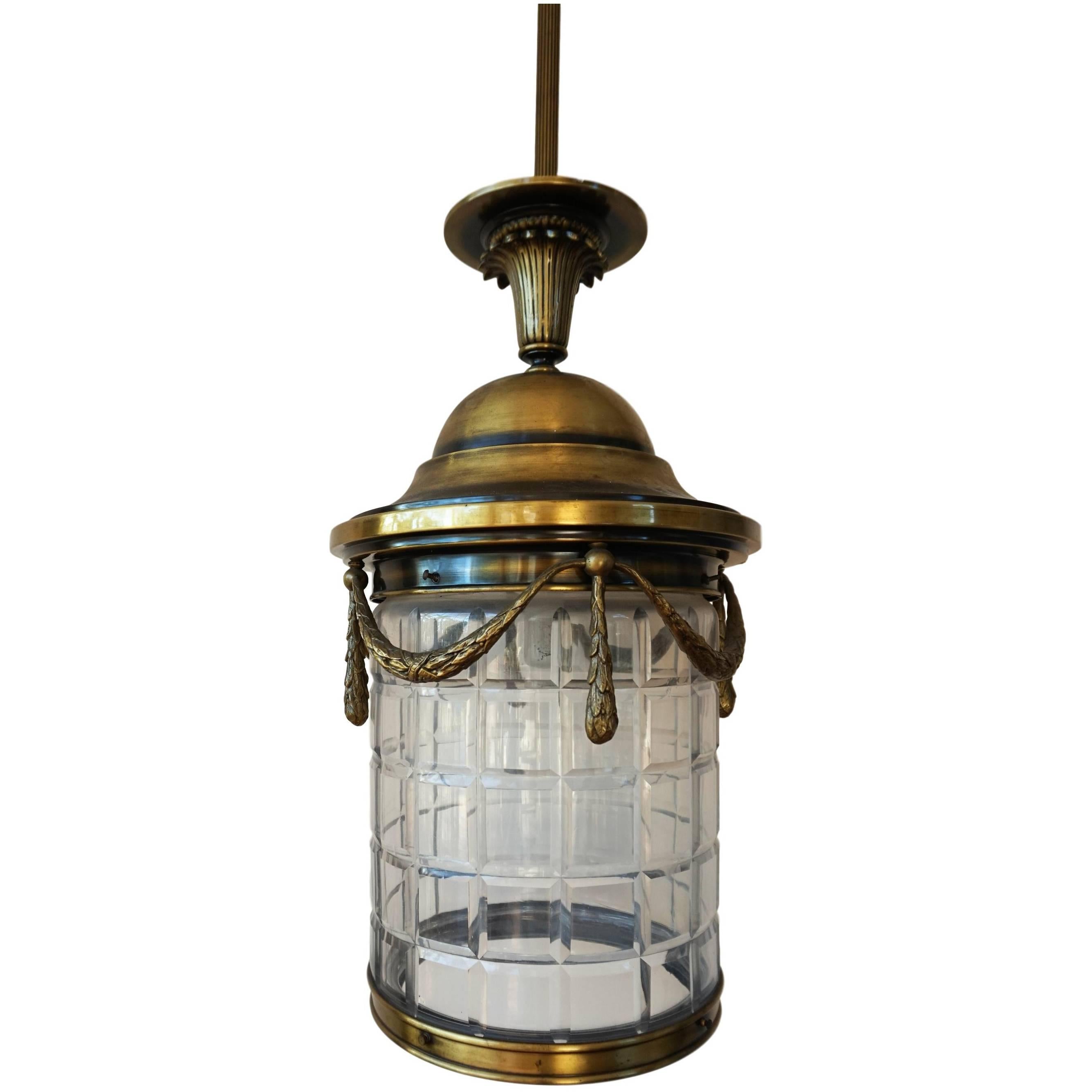 20th Century Brass Lantern Hanging Pendant with Handblown Circular Glass For Sale