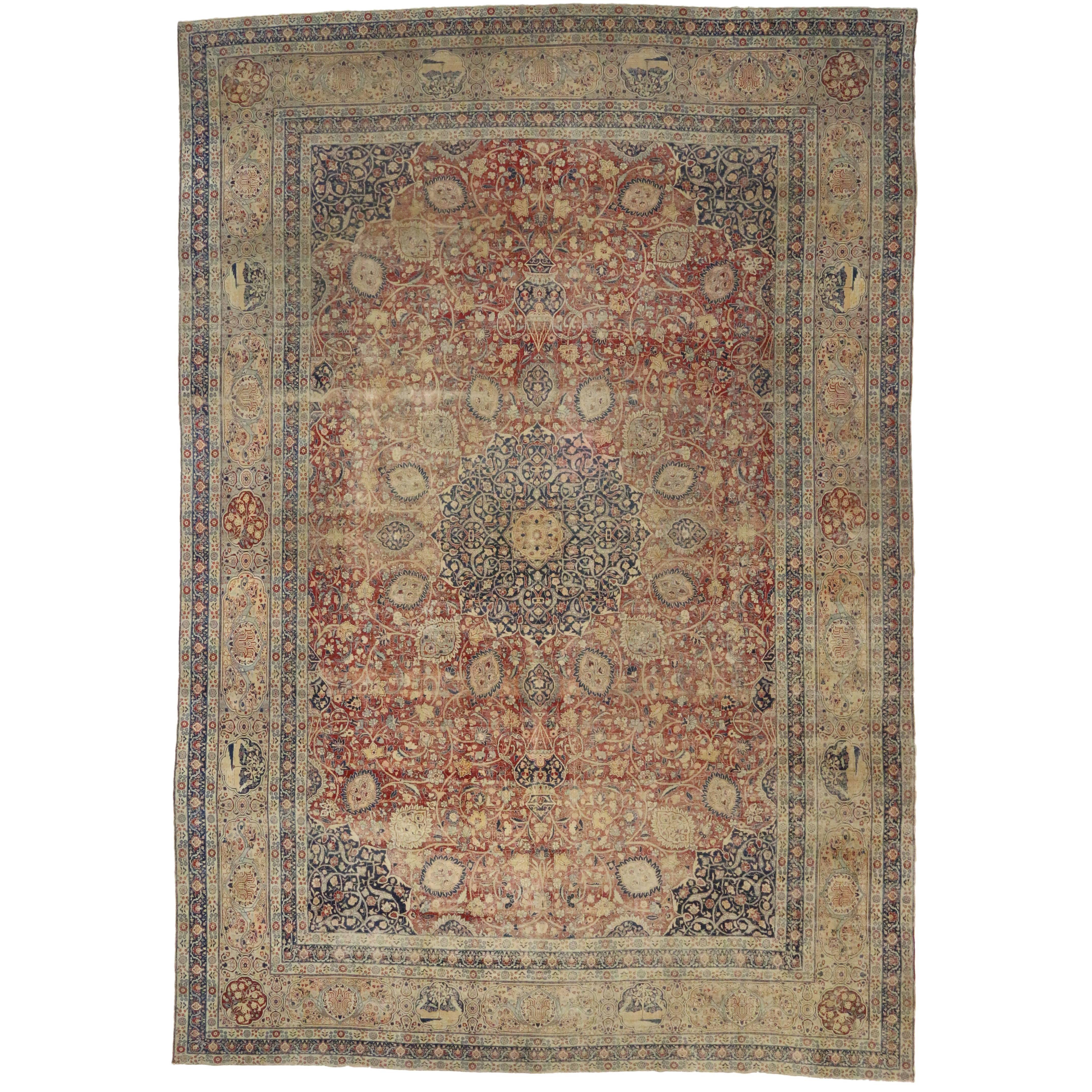 Distressed Antique Persian Tabriz Palace Rug with Rustic Relaxed Federal Style