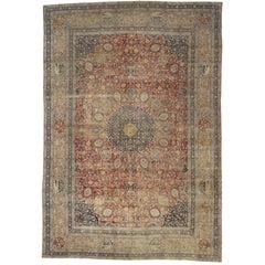 Distressed Antique Persian Tabriz Palace Rug with Rustic Relaxed Federal Style