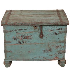 Antique Blue Painted Wood Trunk