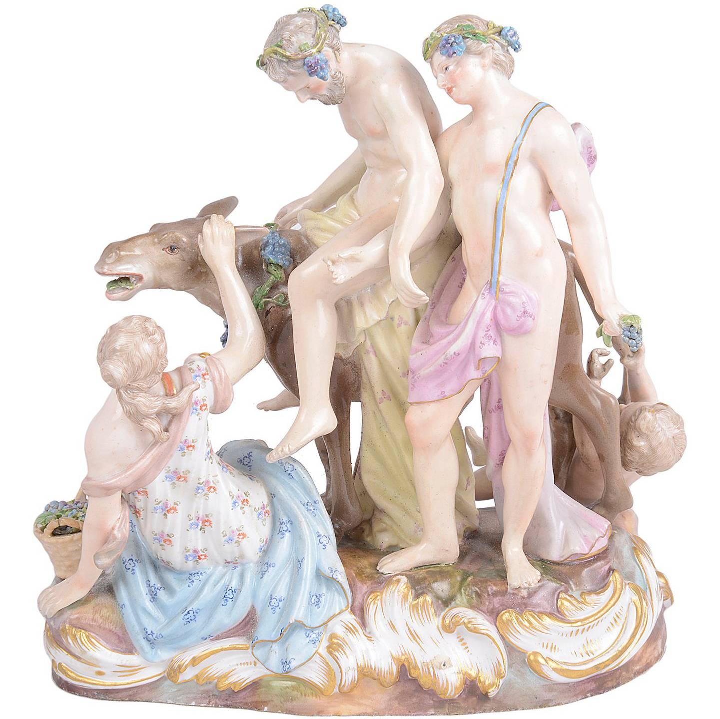 Groupe de figurines en porcelaine de Meissen du 19ème siècle représentant le Drunken Silenus