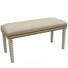 Painted Wood Bench with Spindle Legs Upholstered in Belgian Linen with Nailheads