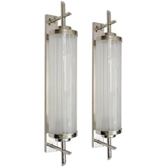 Pair of Italian Art Deco Nickel and Frosted Glass Wall Sconces, circa 1940s