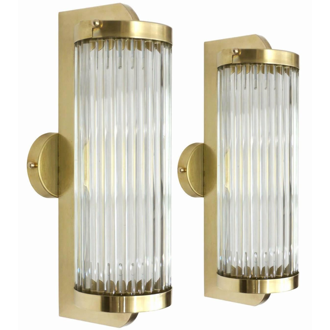 Brass and Glass Rod Wall Sconces, Italy, circa 1970s For Sale