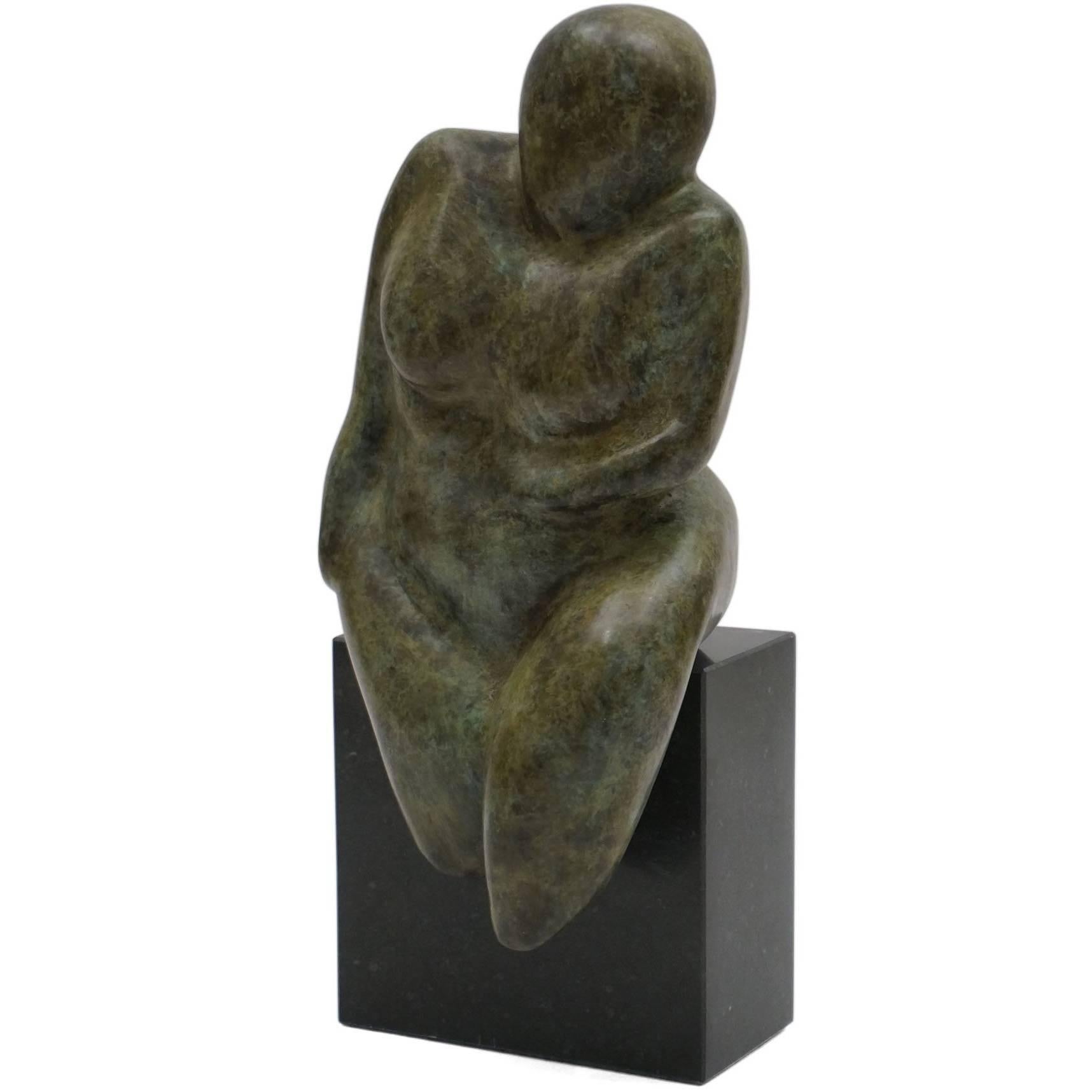 Seated Solid Bronze Female Nude Sculpture on Stone Cube Base