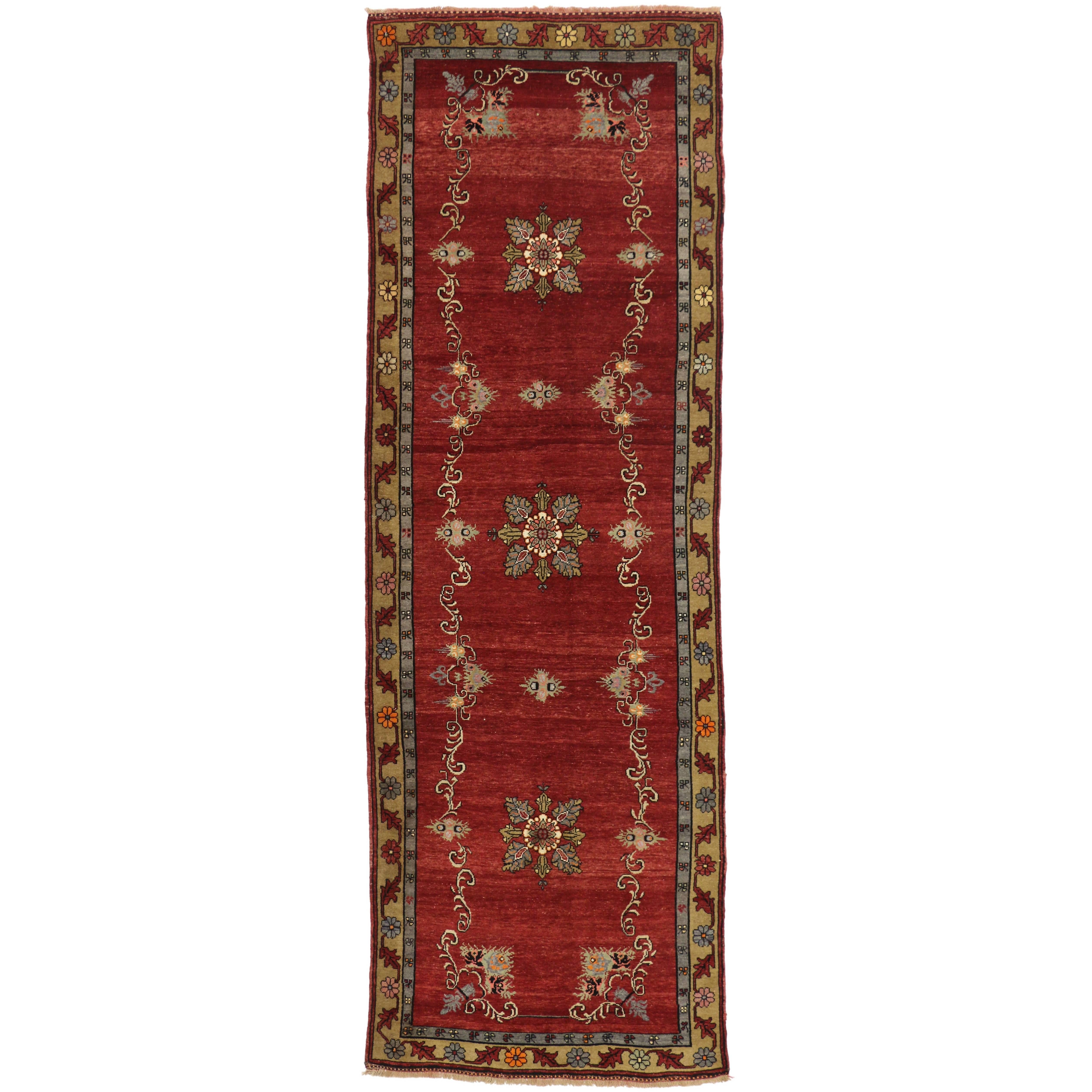 Vintage Turkish Oushak Runner with Manor House Tudor Style For Sale