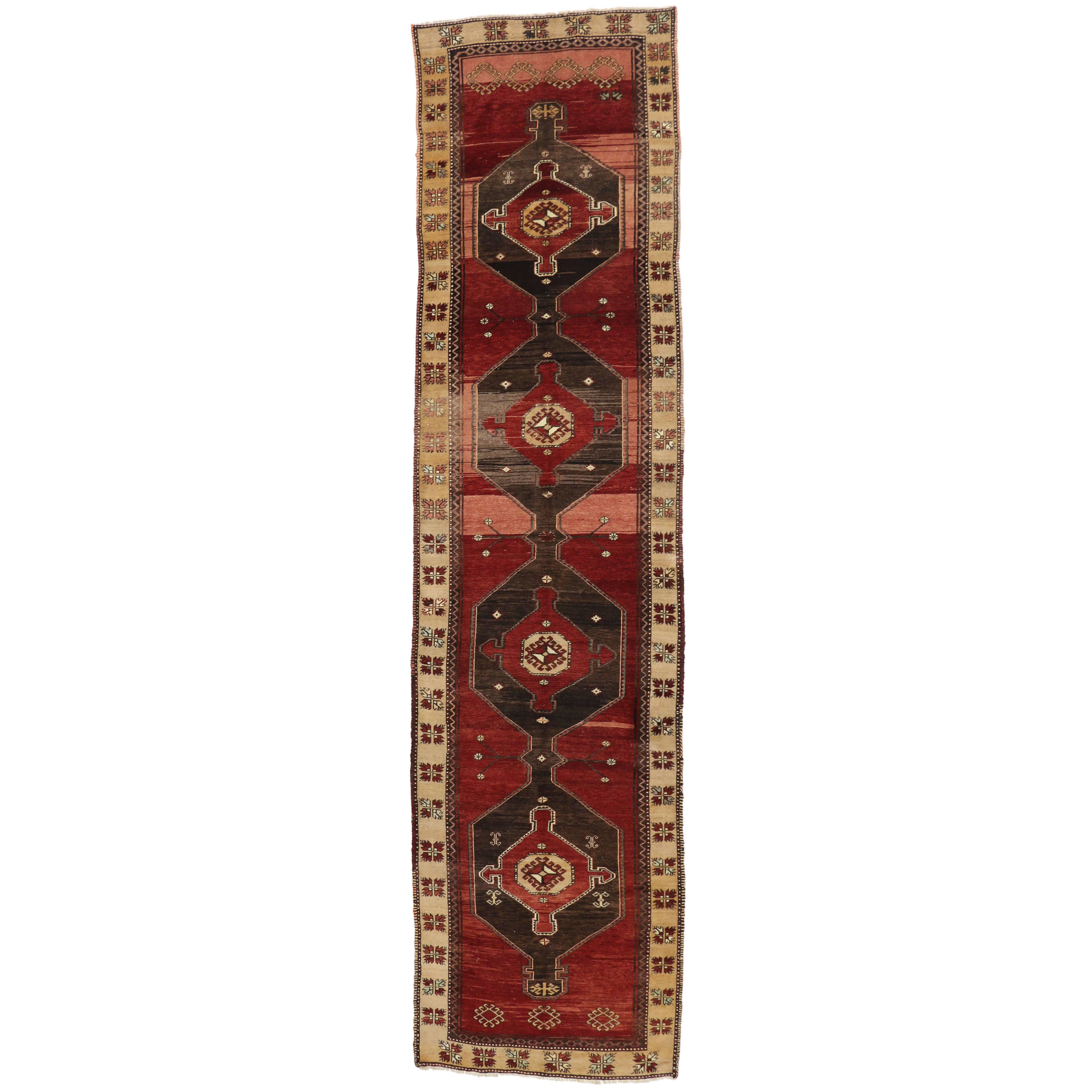 Vintage Turkish Oushak Runner with Mid-Century Modern Style, Hallway Long Runner