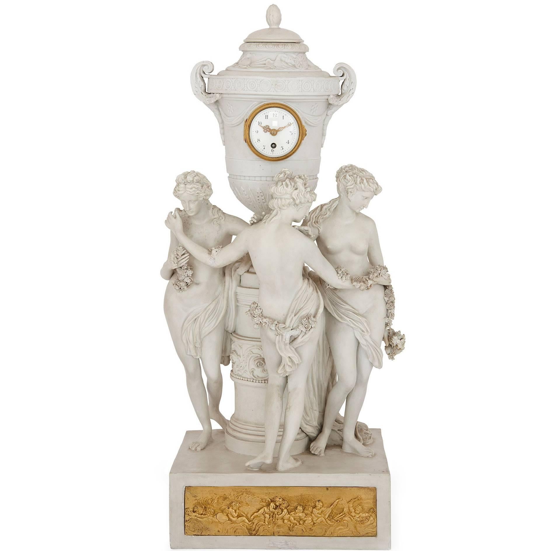 Antique Bisque Porcelain Mantel Clock of the Three Graces