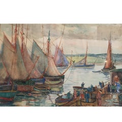 Antique Palmer Cole Hayden (1893-1973) Concarneau Boats by the Sea Pier Drawing