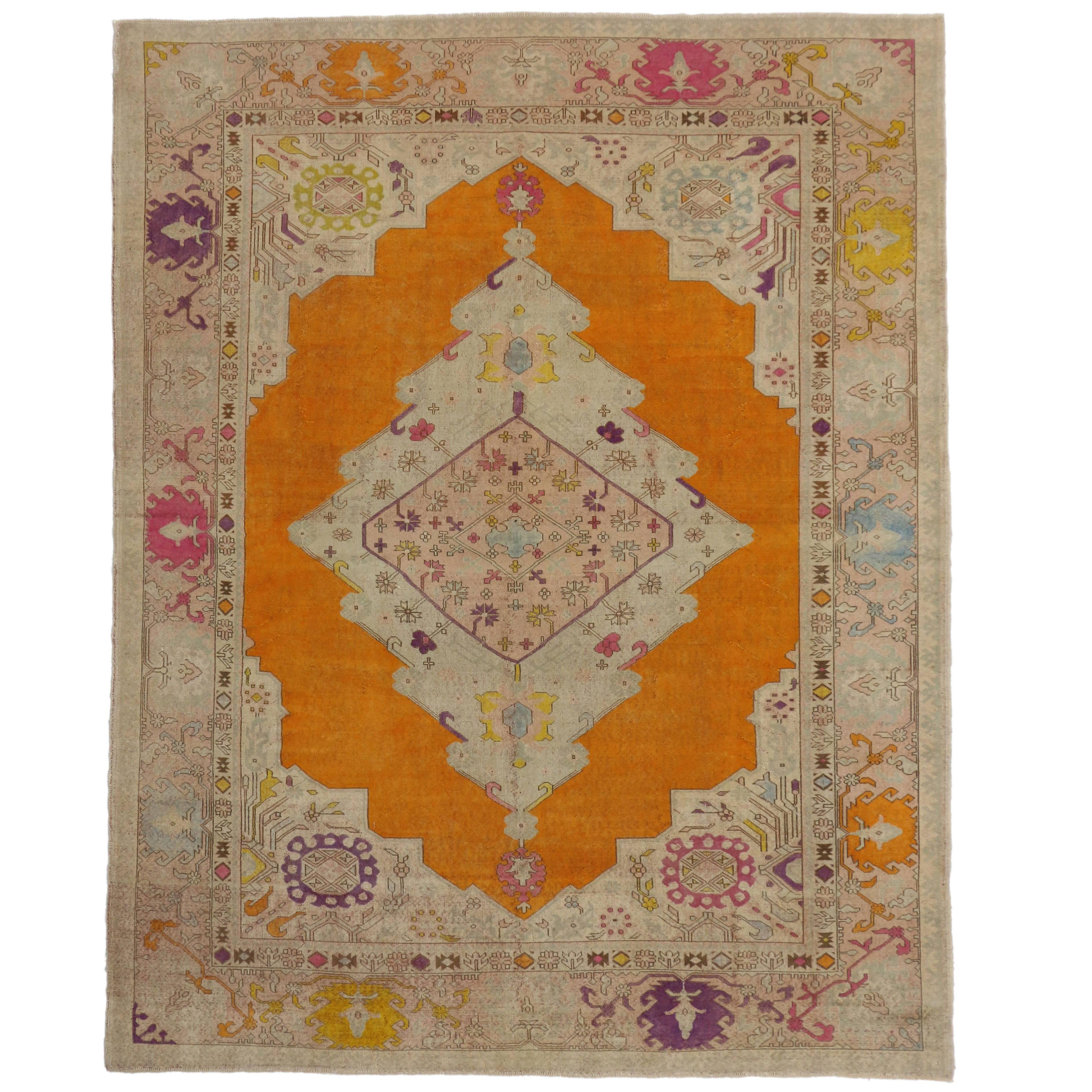 Vintage Turkish Oushak Rug with Modern Contemporary Style