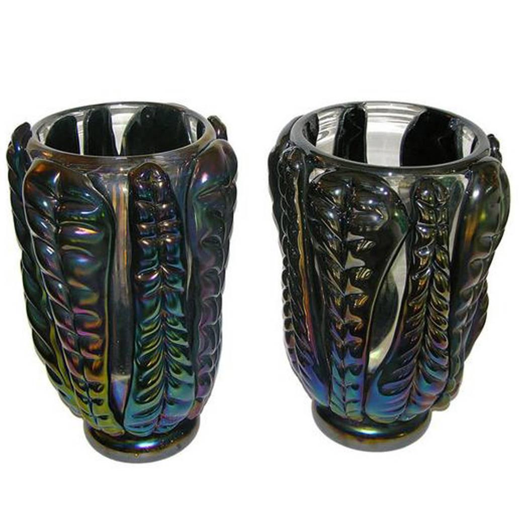 Pair of Italian Art Deco of Murano Glass Vases For Sale