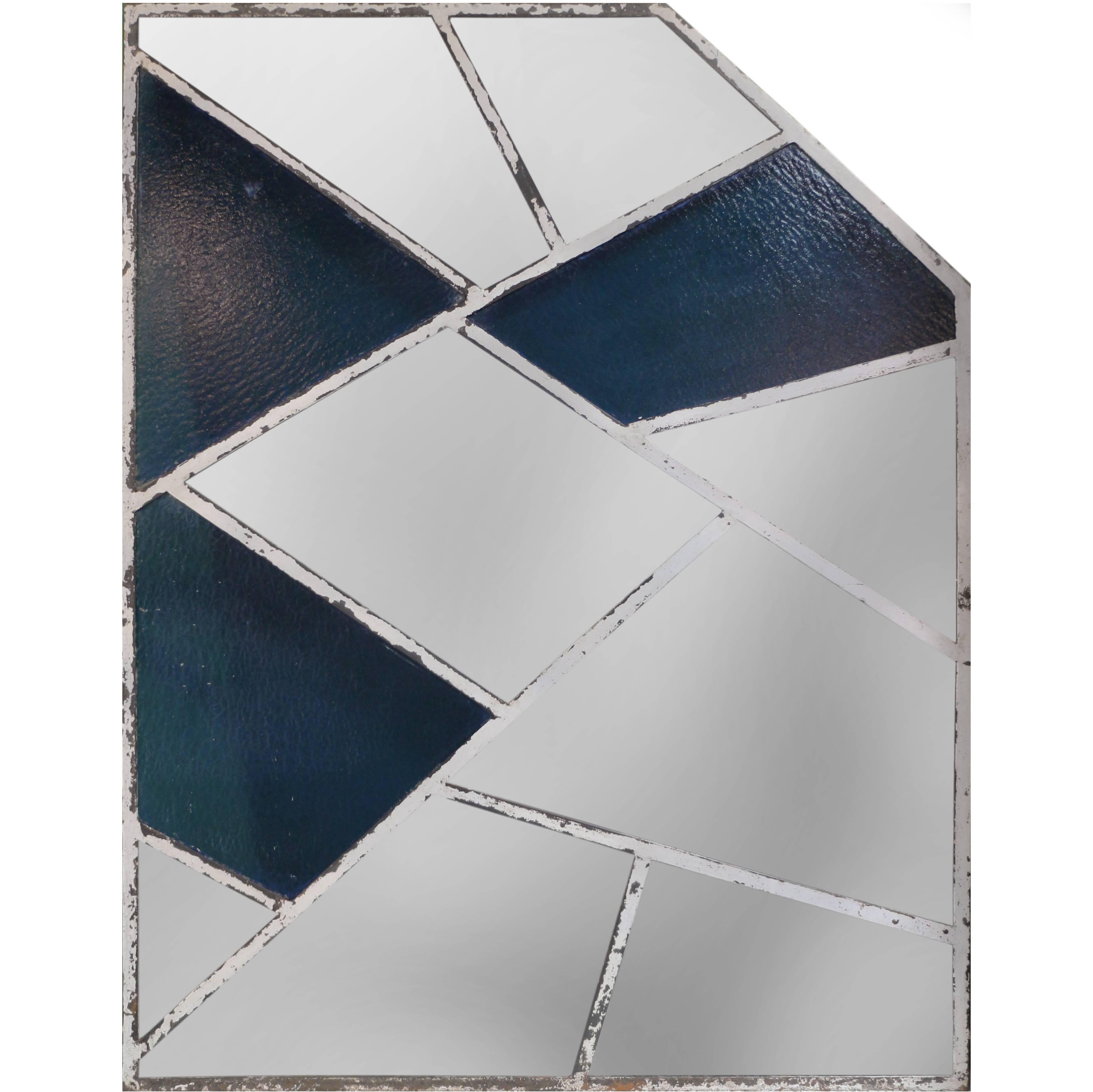 Pair of Painted Blue Glass and Metal Mirrors