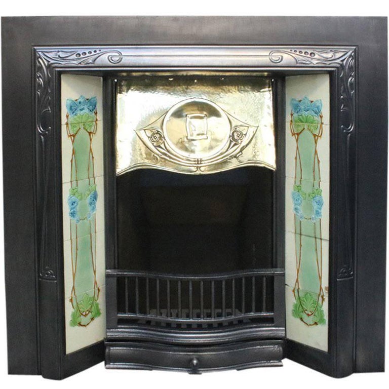 Reclaimed Edwardian Art Nouveau Cast Iron Fireplace Grate For Sale