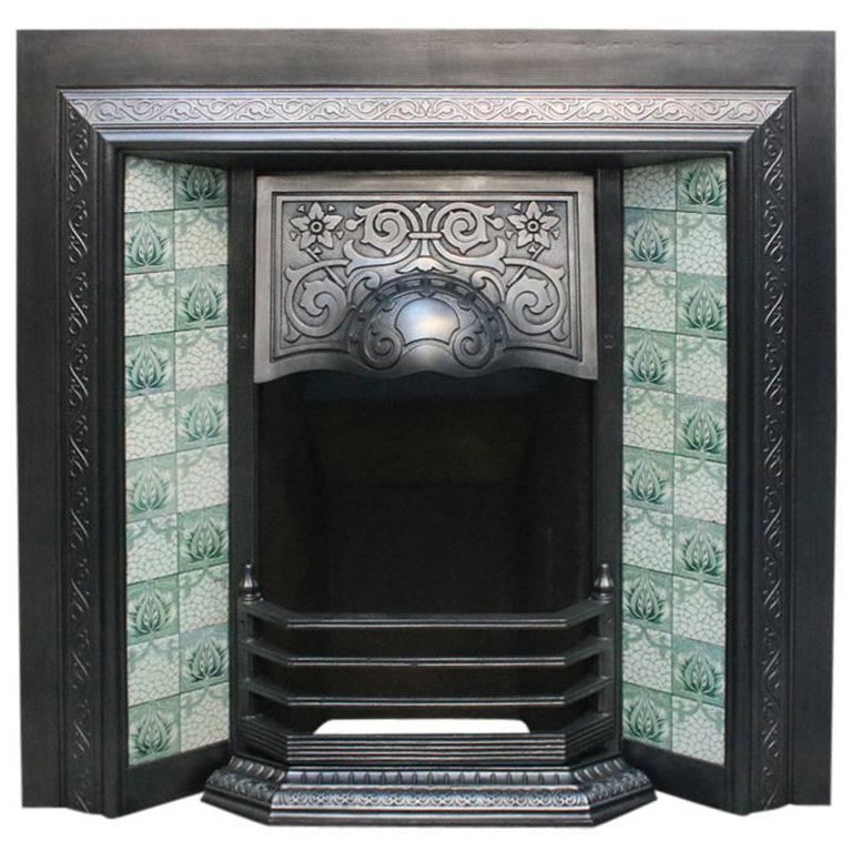 Antique late Victorian Cast Iron and Tiled Fireplace Grate at 1stDibs