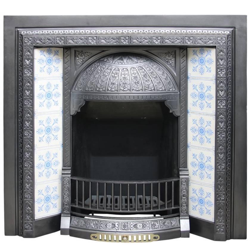 Large Antique Victorian Cast Iron and Tiled Fireplace Insert