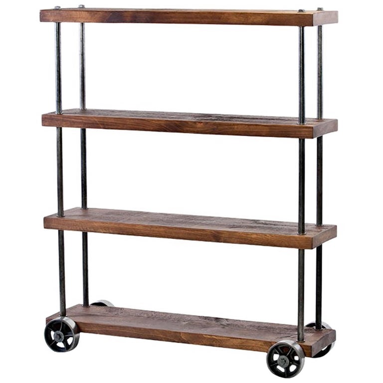 Industrial Rolling Cart Wood and Steel, Iron Storage Shelving on Castors For Sale