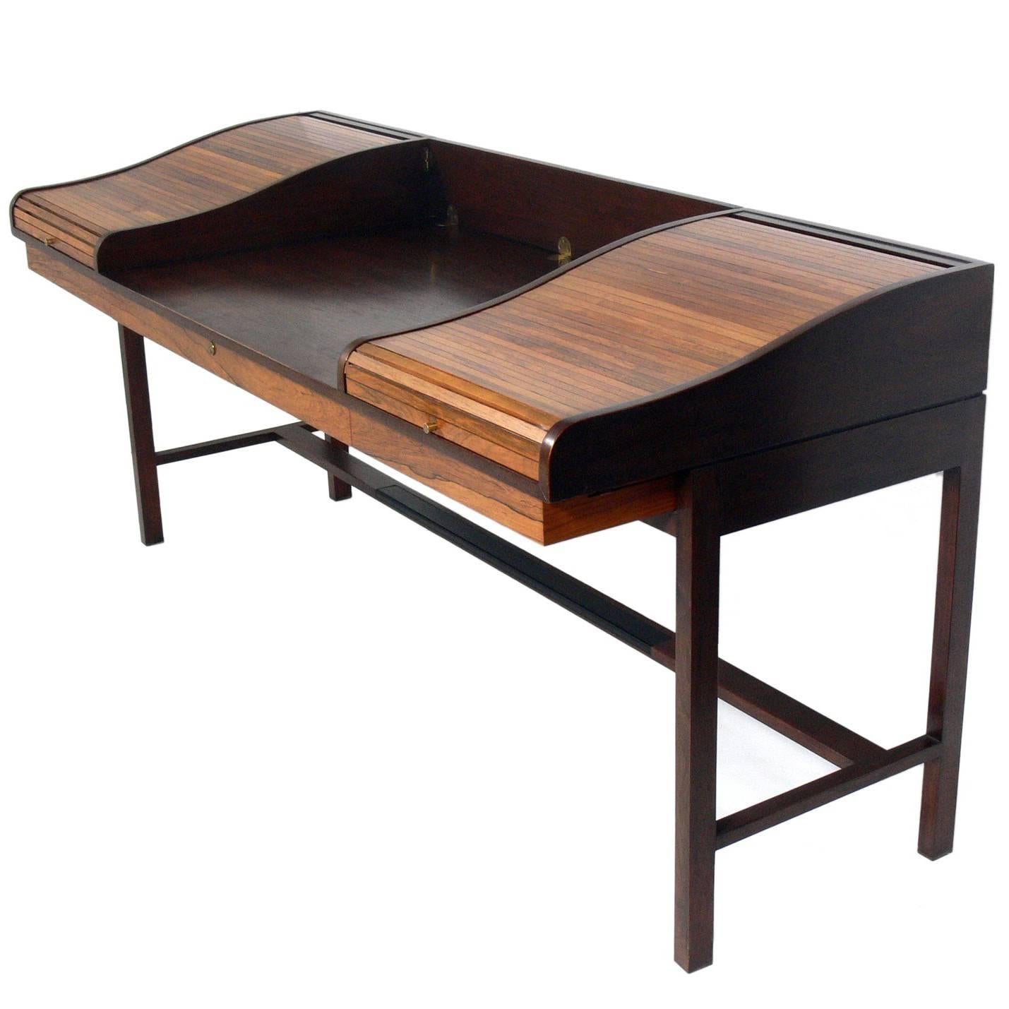 Rosewood and Mahogany Roll Top Desk by Edward Wormley for Dunbar