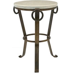 Small, Circular Iron Side or Drinks Table with Iron Rings and White Marble Top