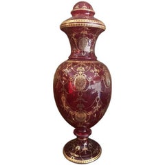 Czechoslovakian Large Cranberry Glass Baluster Vase with Cover