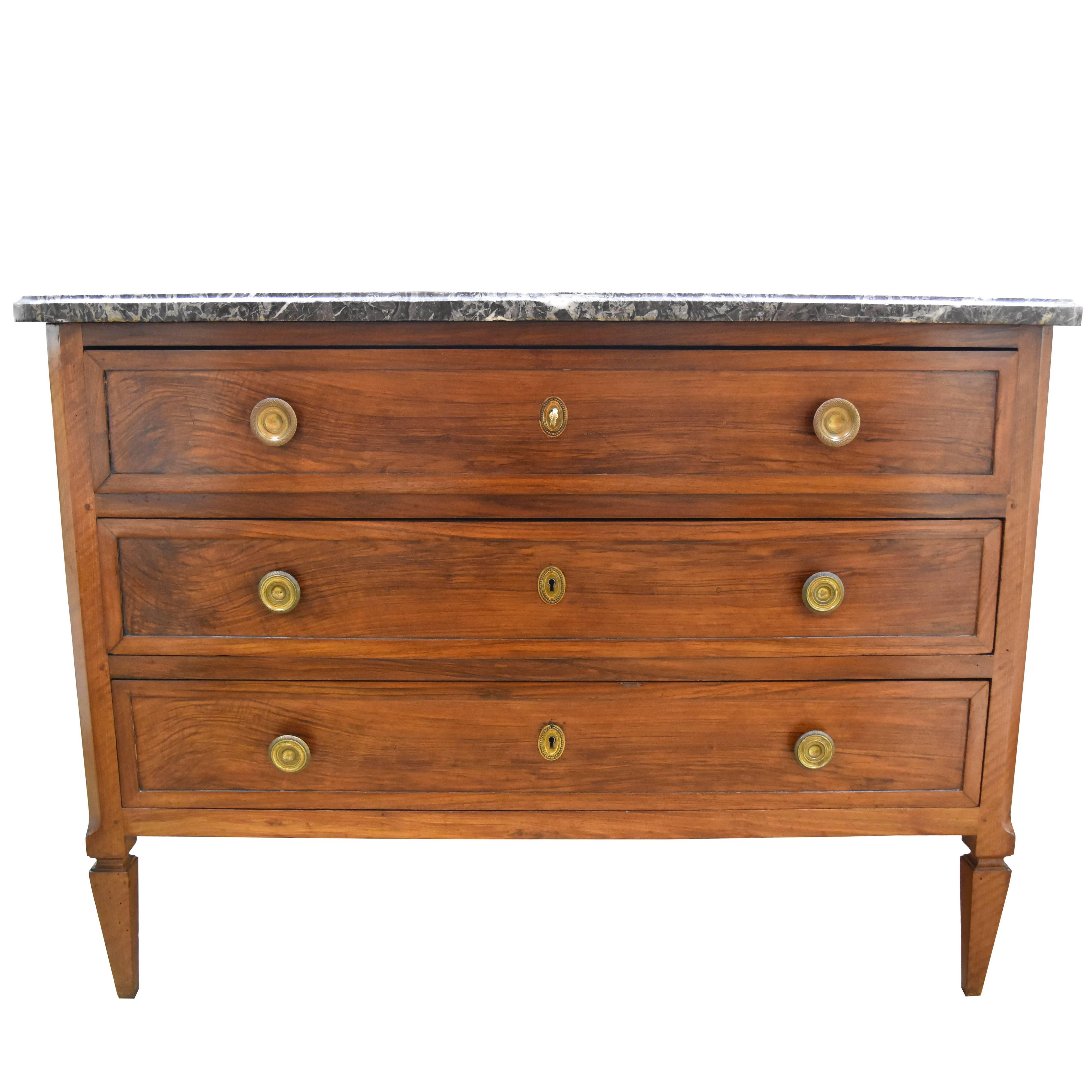 19th Century French Walnut Three-Drawer Commode with Marble Top
