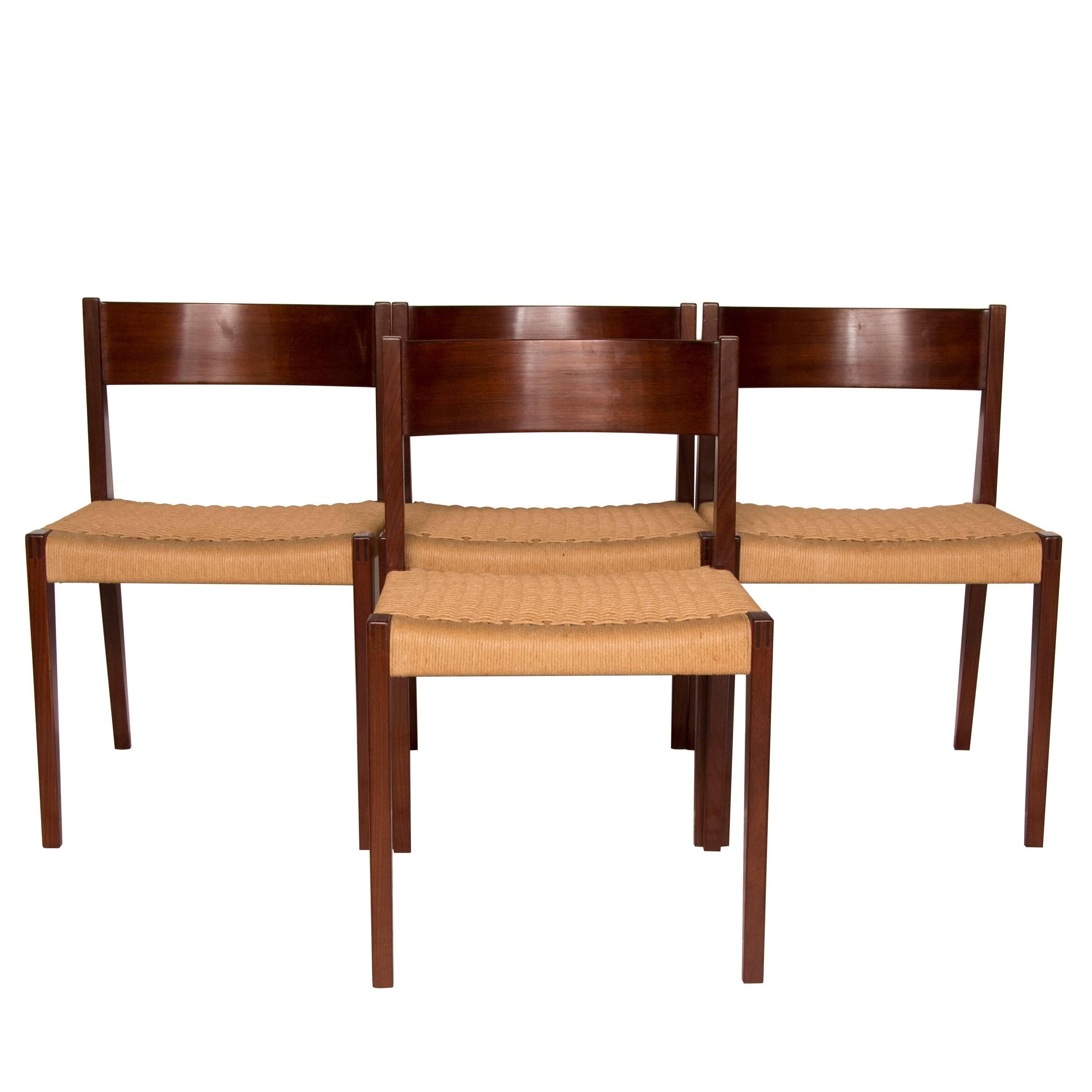 Set of Four Teak and Papercord Pia Dining Chairs by Poul Cadovius