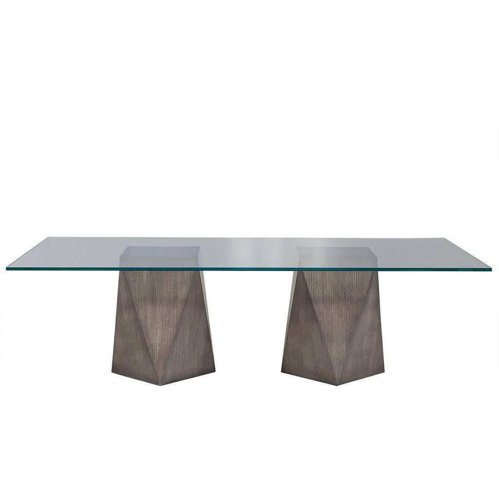 Custom Glass-Top with Geometric Pedestal Dining Table