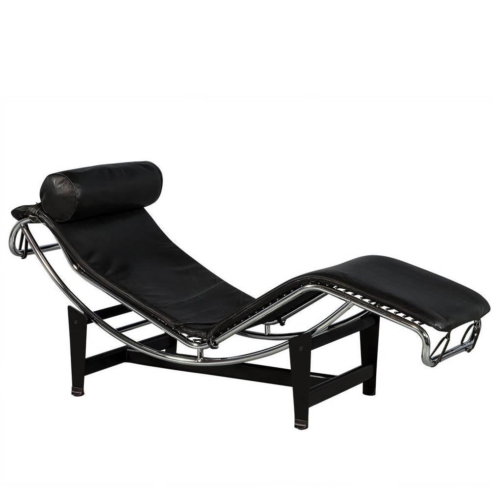 Le Corbusier Style Leather and Polished Stainless Steel Chaise
