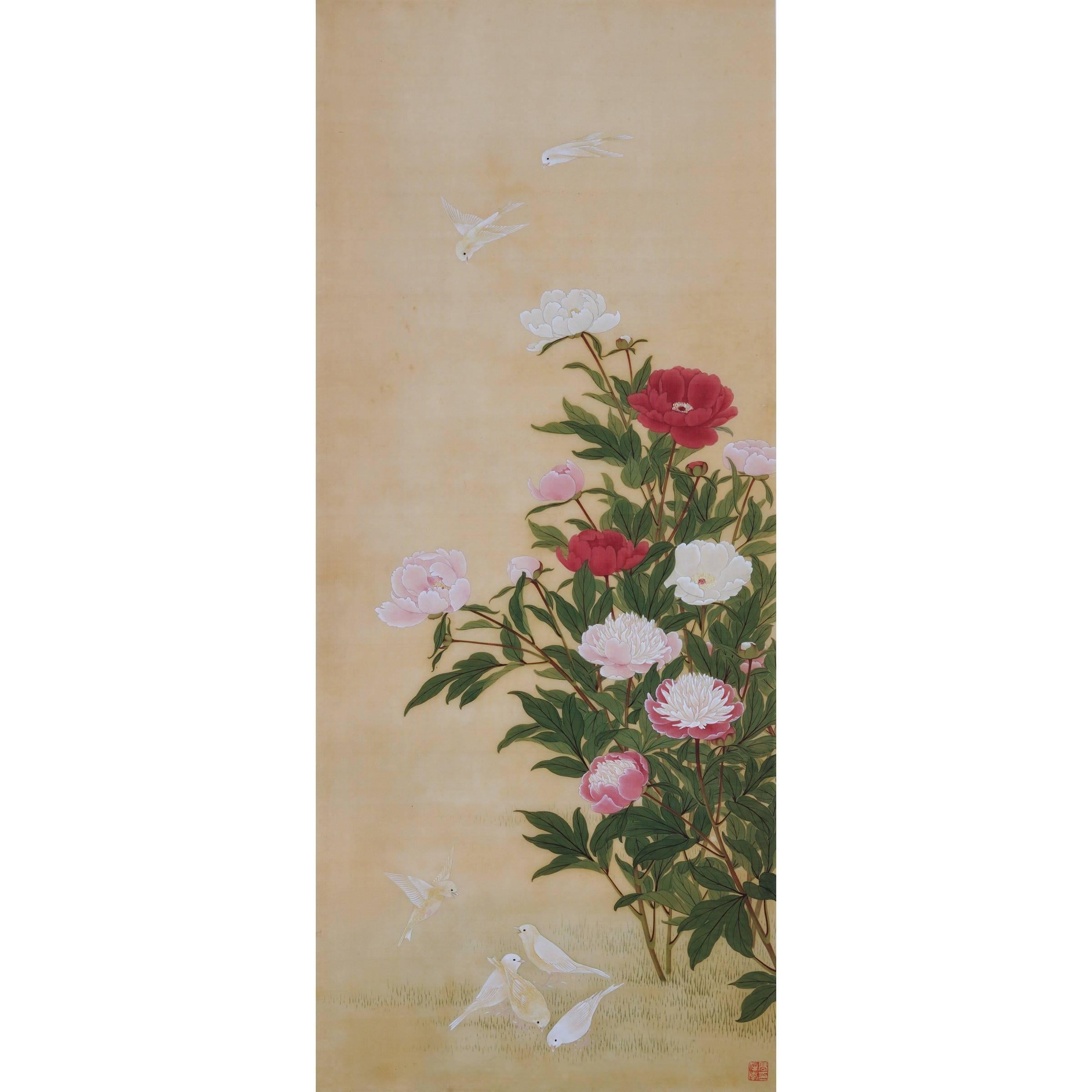 19th Century Japanese Bird and Flower Painting, Canaries and Woodland Peonies