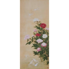19th Century Japanese Bird and Flower Painting, Canaries and Woodland Peonies