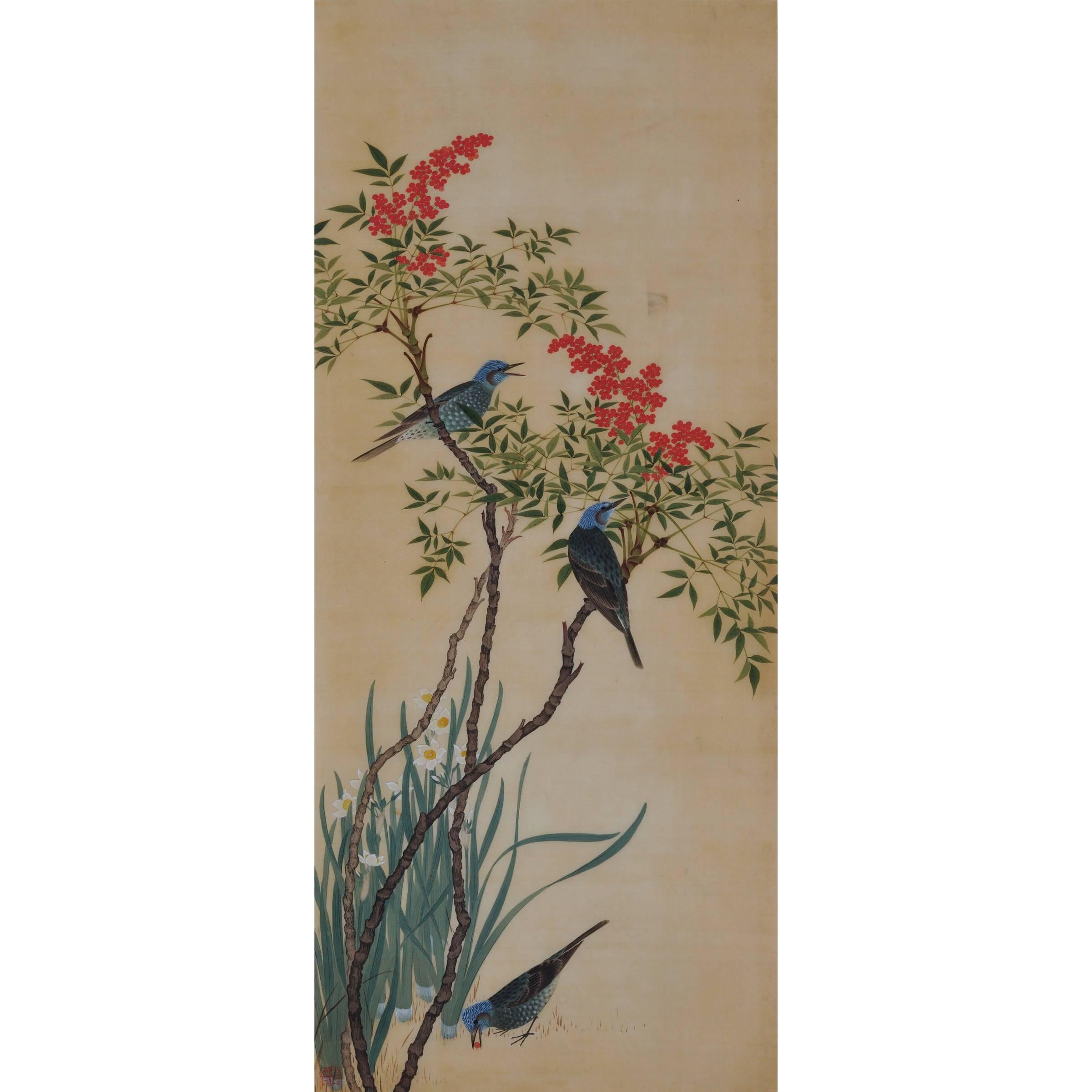 19th Century Japanese Bird and Flower Painting, Bulbuls and Nandina