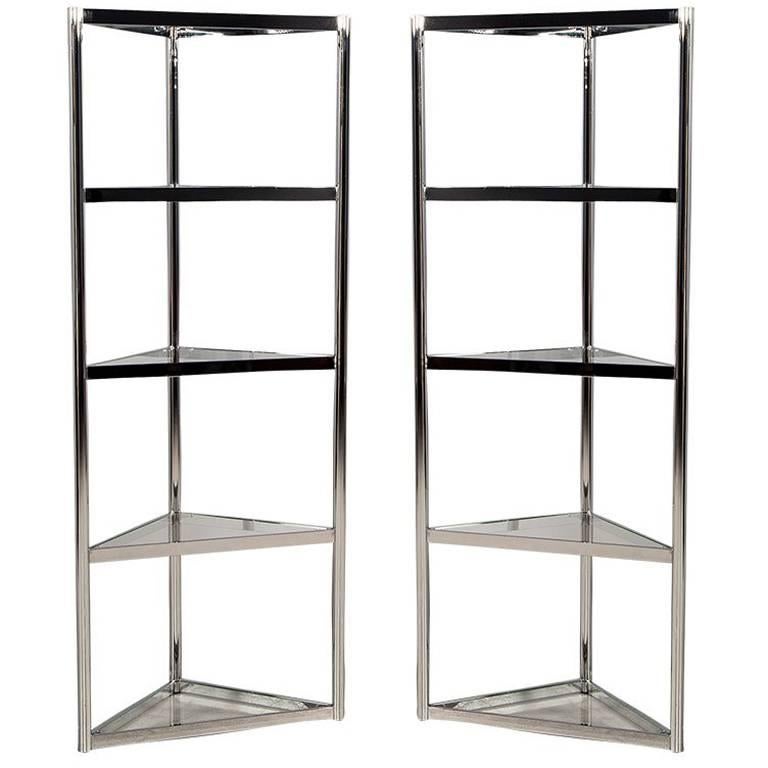 Pair of Corner Polished Stainless Steel Etegeres For Sale